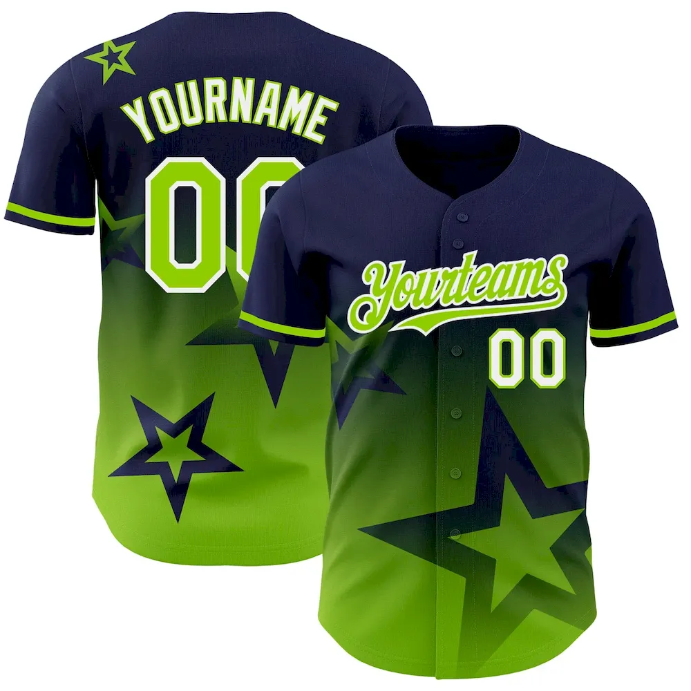 3DPattern4150.webp Custom Navy Neon Green-White 3D Pattern Design Gradient Style Twinkle Star Authentic Baseball Jersey - Image 1