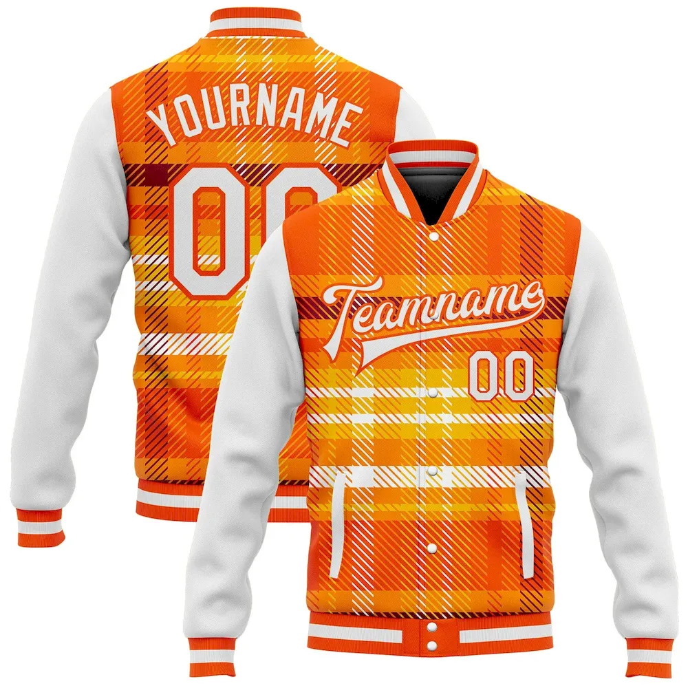 Jacket2904.webp Custom Orange White Check Board 3D Pattern Design Bomber Full-Snap Varsity Letterman Jacket - Image 1